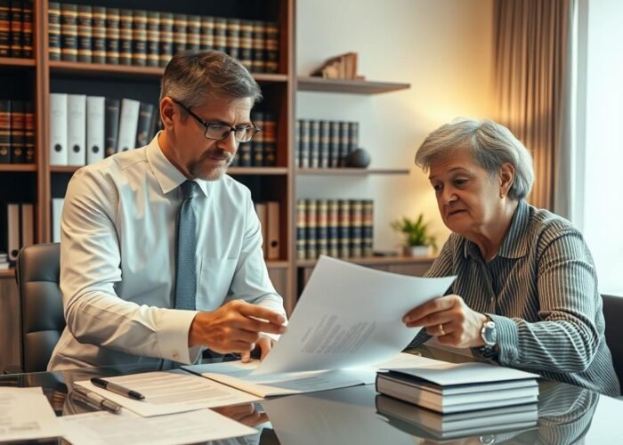 Advogado especializado em inventário do imóvel que ficou de herança analisando documentos com cliente