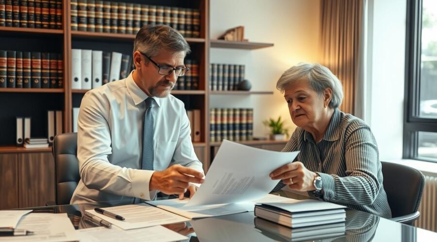 Advogado especializado em inventário do imóvel que ficou de herança analisando documentos com cliente