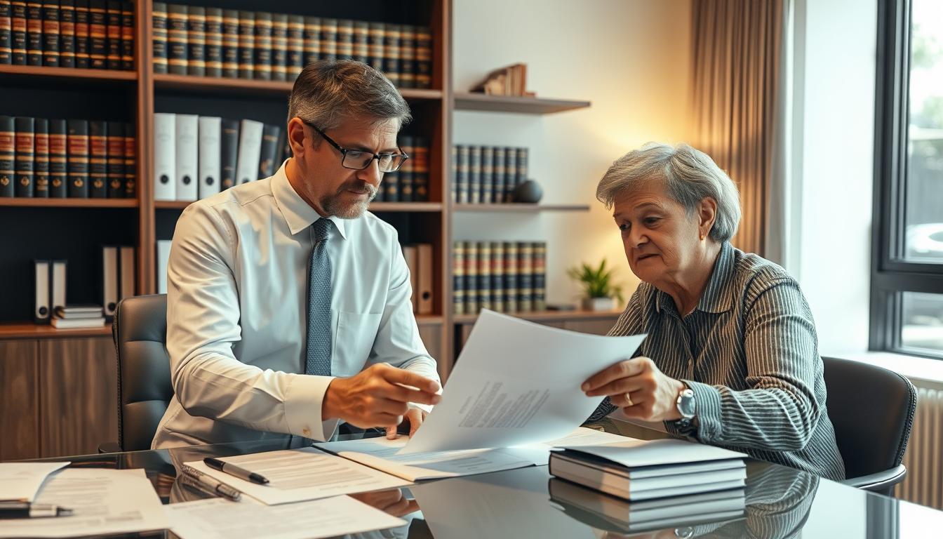 Advogado especializado em inventário do imóvel que ficou de herança analisando documentos com cliente