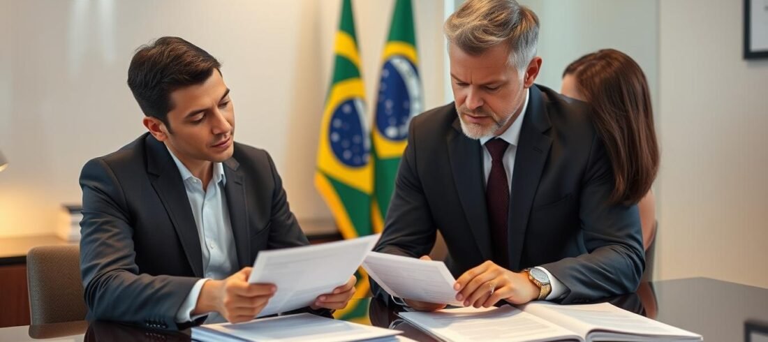 Advogado-especializado-em-naturalizacao-brasileira-analisando-documentos-com-cliente Advogado especializado em naturalização brasileira analisando documentos com cliente estrangeiro