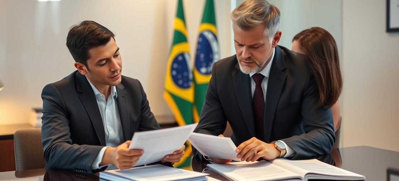 Advogado especializado em naturalização brasileira analisando documentos com cliente estrangeiro