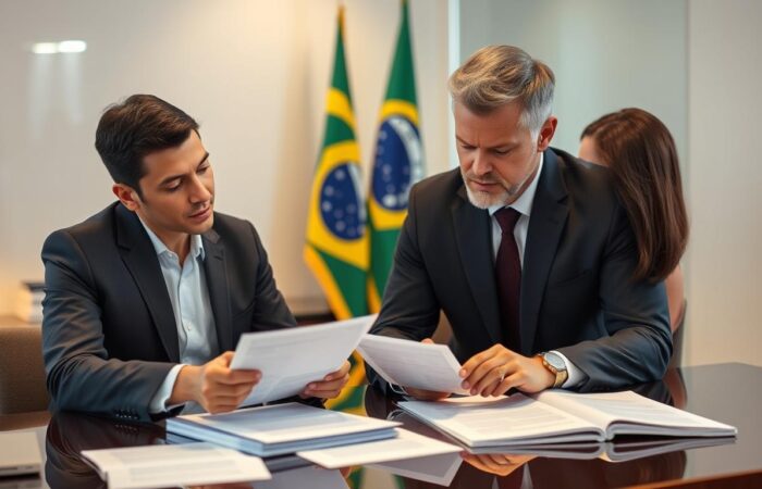 Advogado-especializado-em-naturalizacao-brasileira-analisando-documentos-com-cliente Advogado especializado em naturalização brasileira analisando documentos com cliente estrangeiro