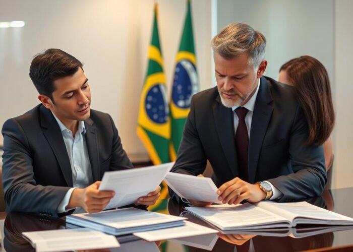 Advogado especializado em naturalização brasileira analisando documentos com cliente estrangeiro