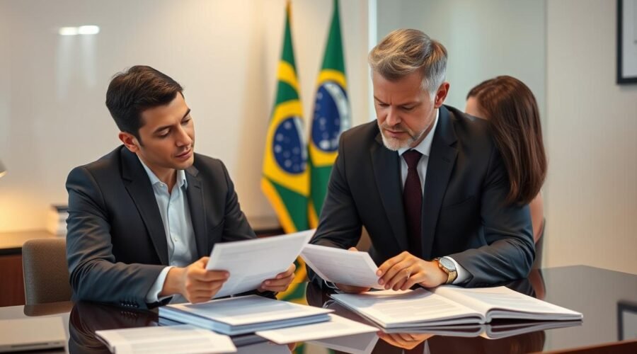 Advogado especializado em naturalização brasileira analisando documentos com cliente estrangeiro