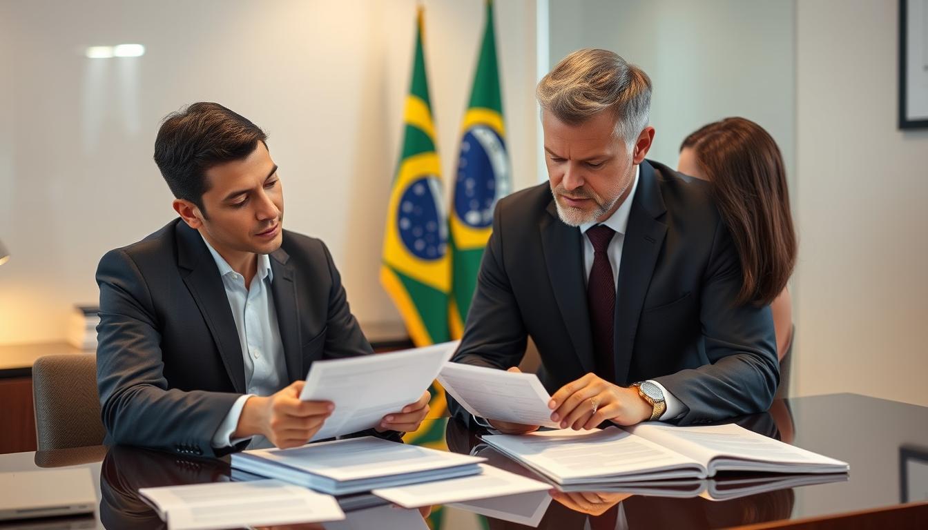 Advogado especializado em naturalização brasileira analisando documentos com cliente estrangeiro