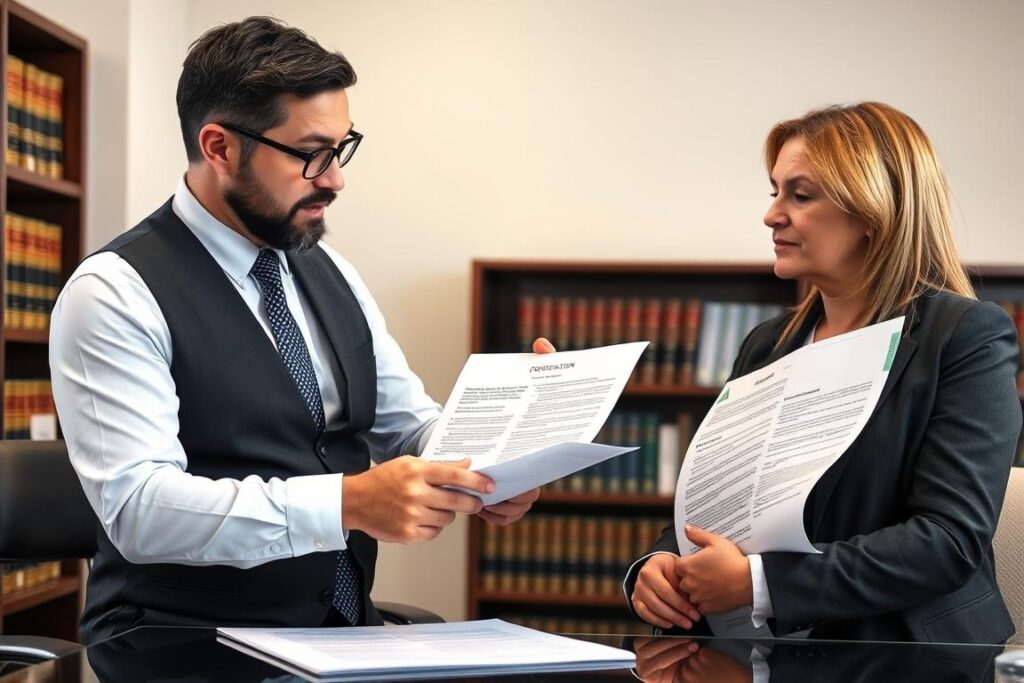 Advogado explicando a um cliente sobre aumento de aluguel fora do combinado Advogado explicando a um cliente sobre aumento de aluguel fora do combinado