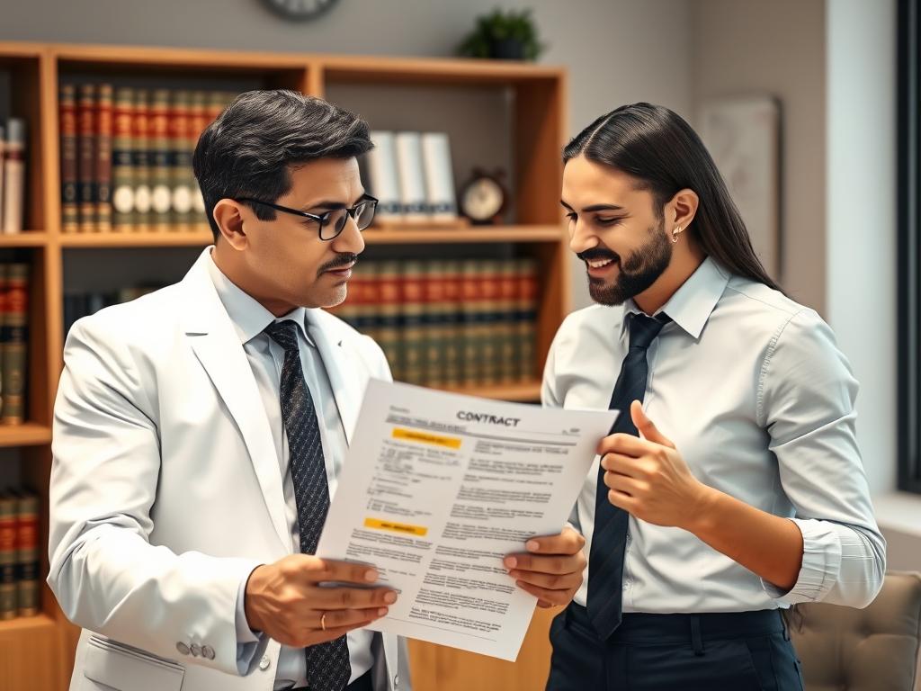 Advogado explicando detalhes da revisão de contrato para cliente em escritório profissional Advogado explicando detalhes da revisão de contrato para cliente em escritório profissional