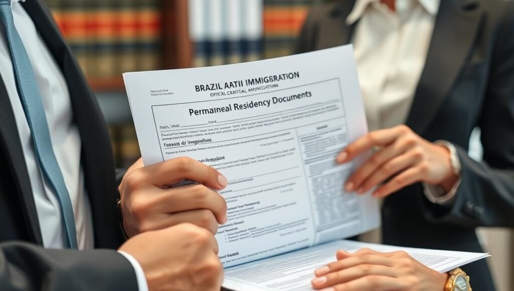 Advogado explicando detalhes do processo de residência permanente para cliente