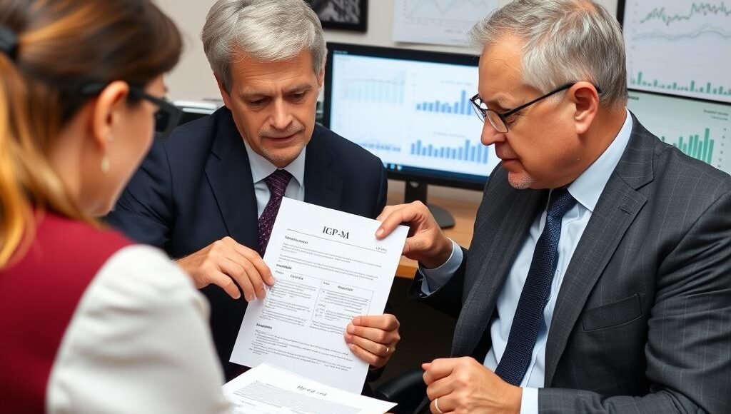 Advogado explicando índices de reajuste de aluguel contrato comercial para cliente
