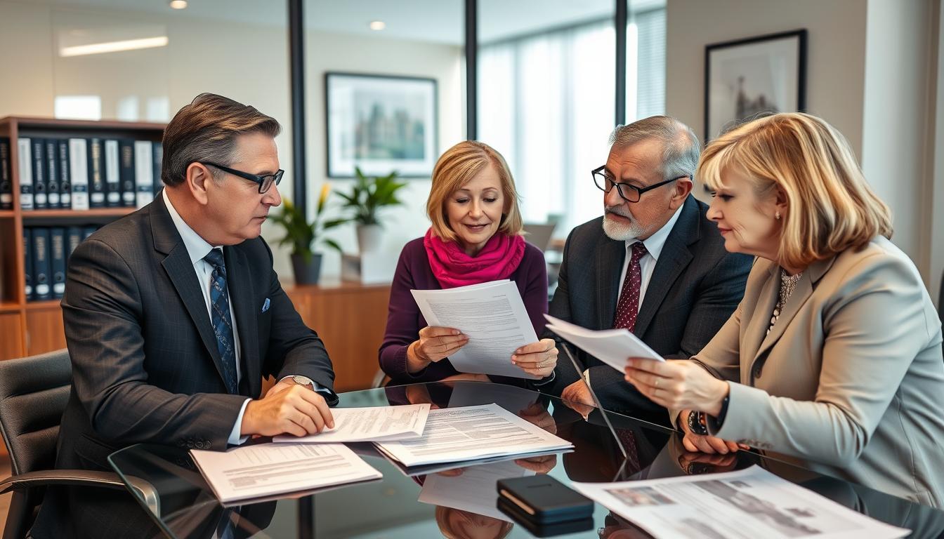 Advogado explicando sobre inventário extrajudicial com imóveis para clientes em escritório