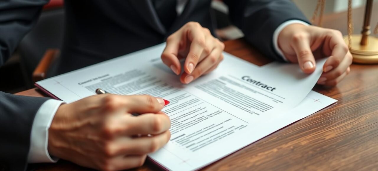 Advogado realizando revisão de contrato com caneta vermelha destacando cláusulas importantes