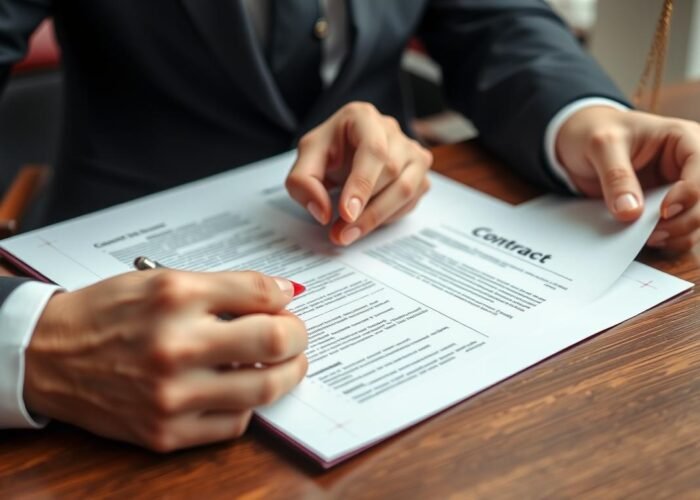 Advogado realizando revisão de contrato com caneta vermelha destacando cláusulas importantes