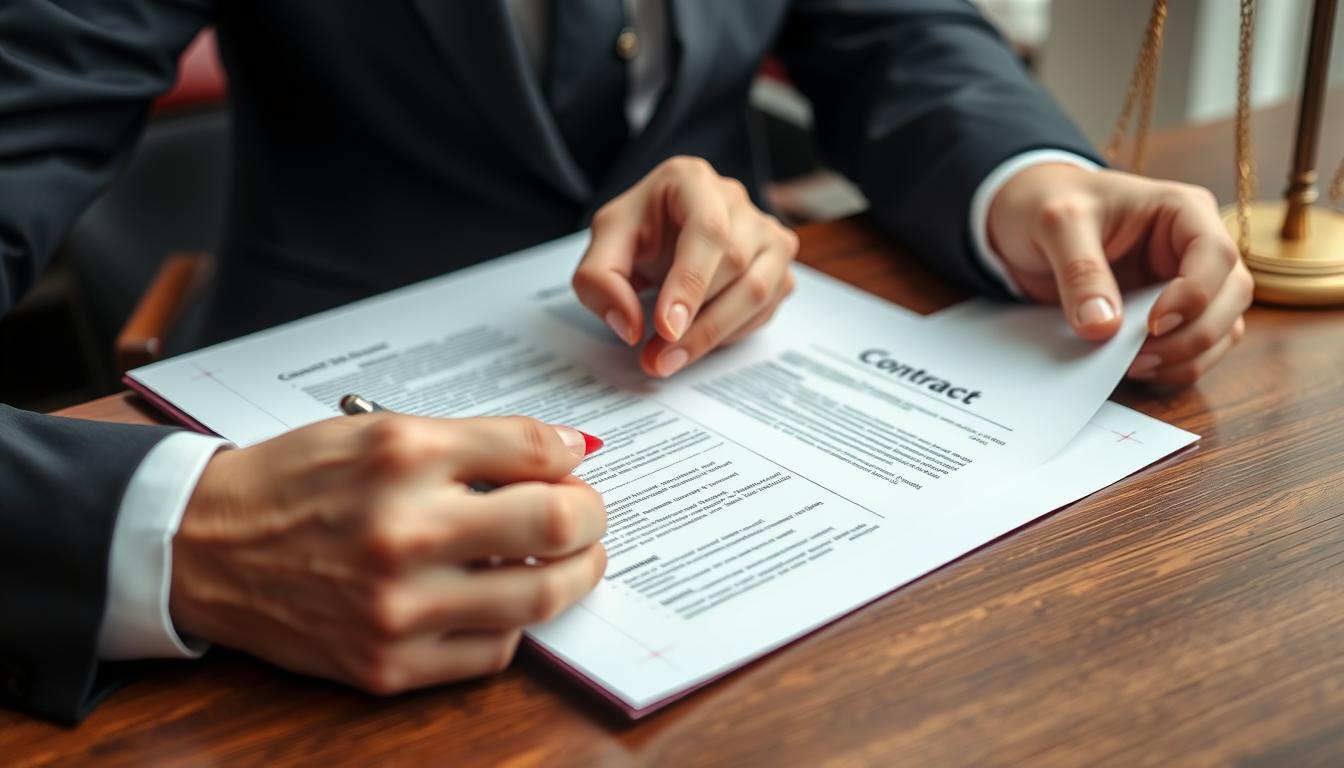 Advogado realizando revisão de contrato com caneta vermelha destacando cláusulas importantes