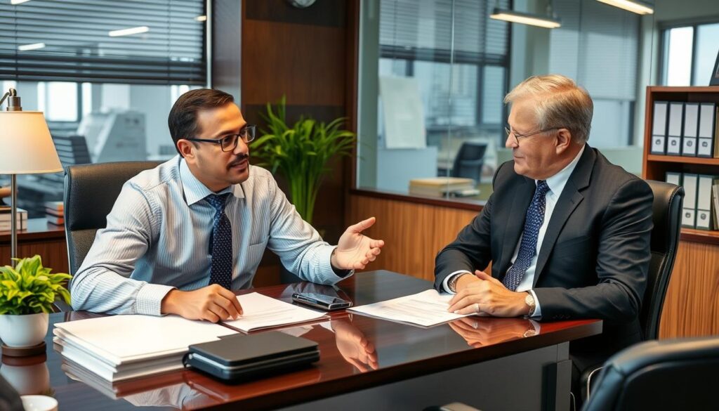 Advogado respondendo dúvidas de cliente sobre indenização por descumprimento de contrato construtora Advogado respondendo dúvidas de cliente sobre indenização por descumprimento de contrato construtora