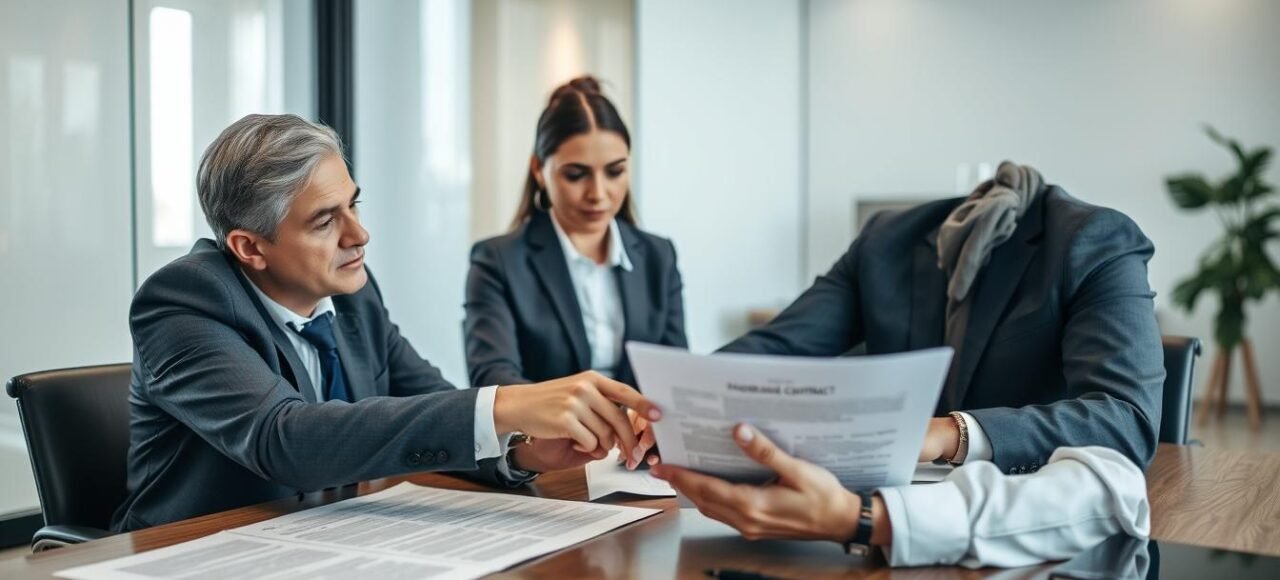 Advogado revisando contrato de compra e venda com cliente preocupado