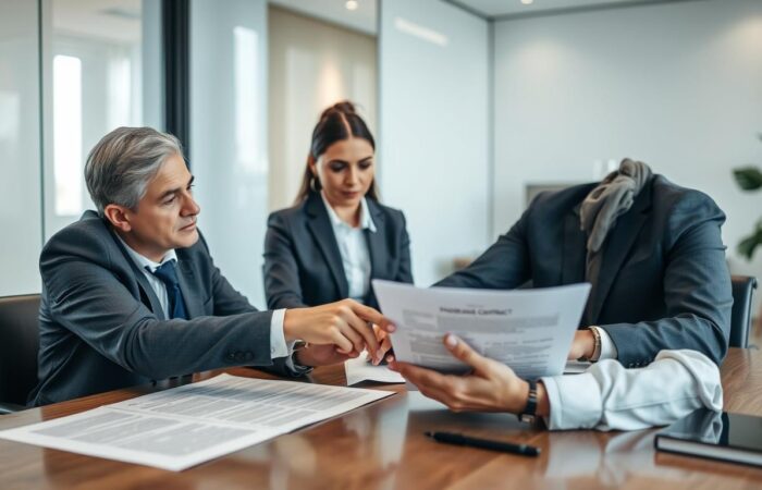 Advogado-revisando-contrato-de-compra-e-venda-com-cliente-preocupado Advogado revisando contrato de compra e venda com cliente preocupado