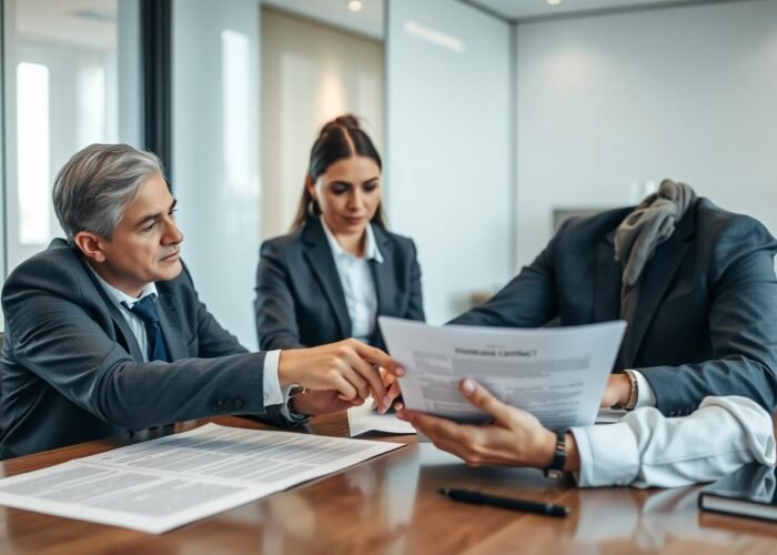 Advogado revisando contrato de compra e venda com cliente preocupado