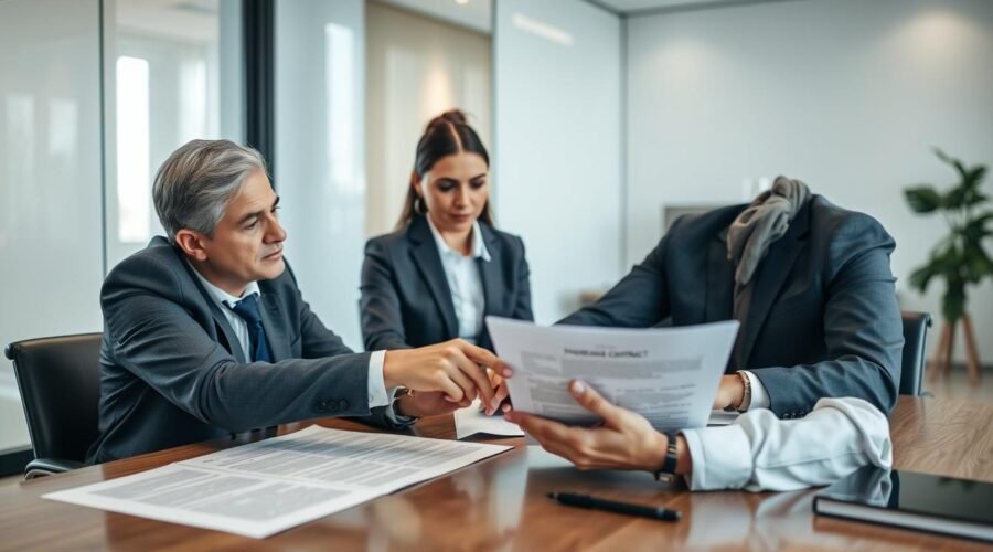 Advogado revisando contrato de compra e venda com cliente preocupado