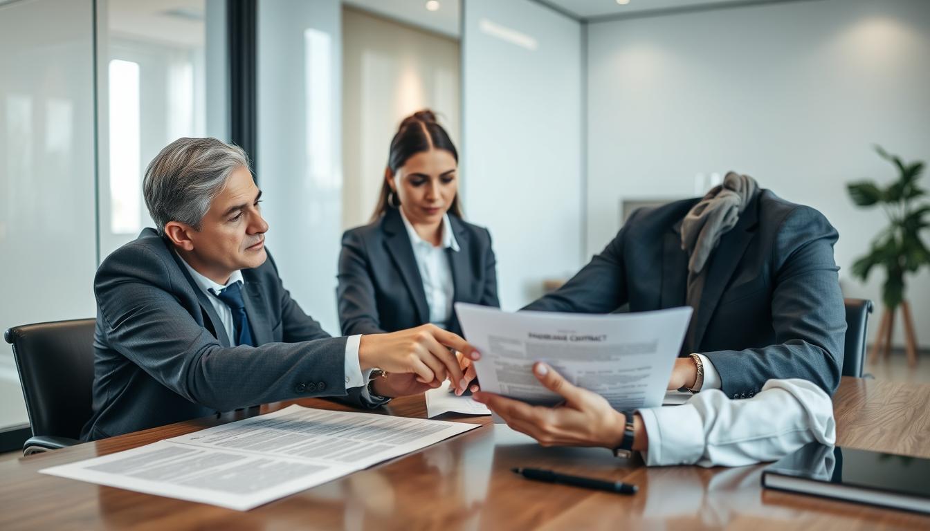 Advogado revisando contrato de compra e venda com cliente preocupado