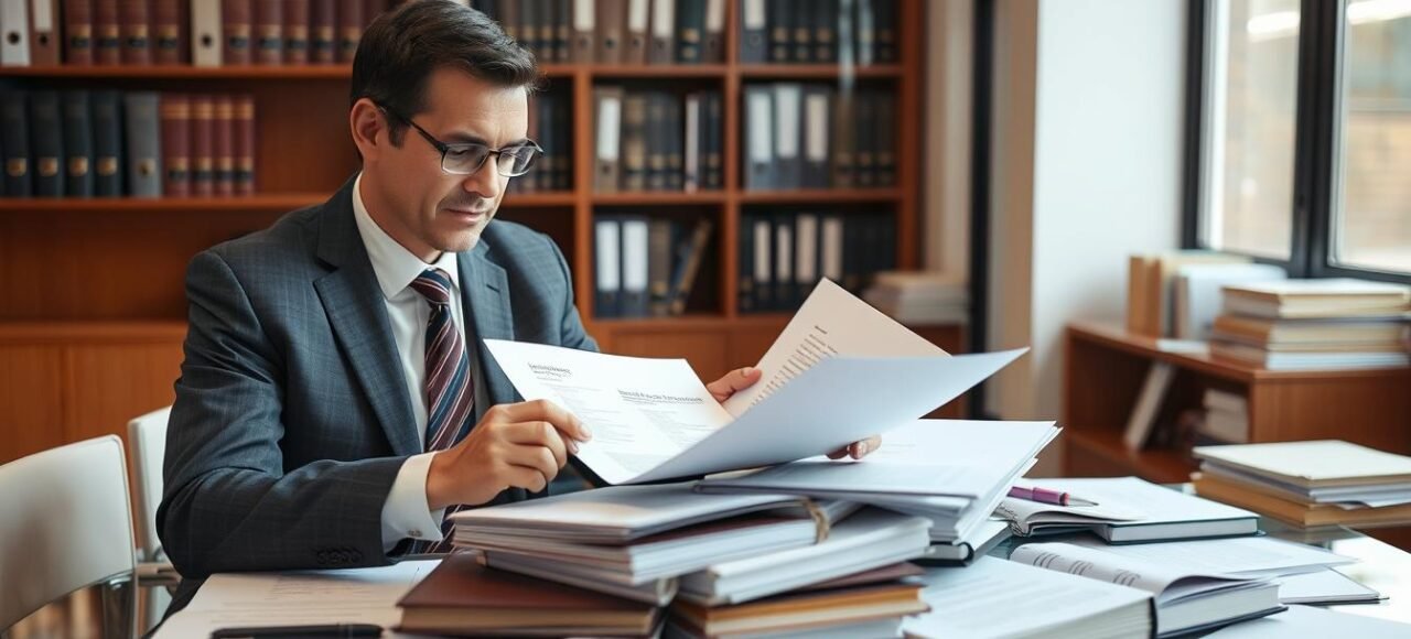 Advogado verificando pendências judiciais de imóvel em cartório