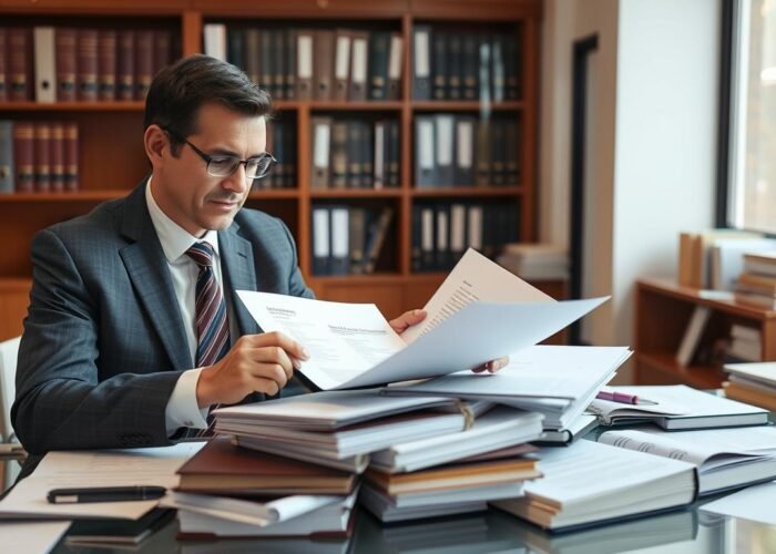 Advogado verificando pendências judiciais de imóvel em cartório
