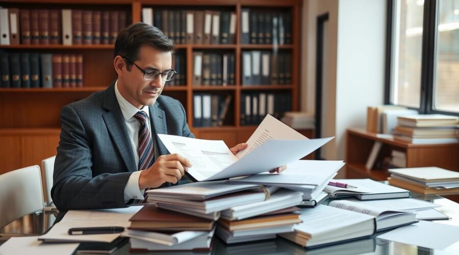 Advogado verificando pendências judiciais de imóvel em cartório