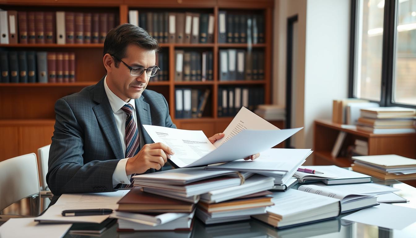 Advogado verificando pendências judiciais de imóvel em cartório