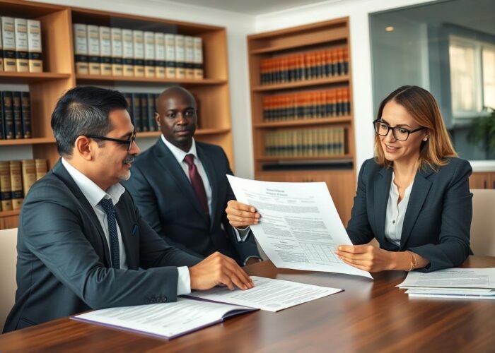Advogados do escritório Vieira Braga analisando documentos de compra e venda de imóvel com cliente