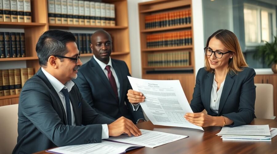 Advogados do escritório Vieira Braga analisando documentos de compra e venda de imóvel com cliente