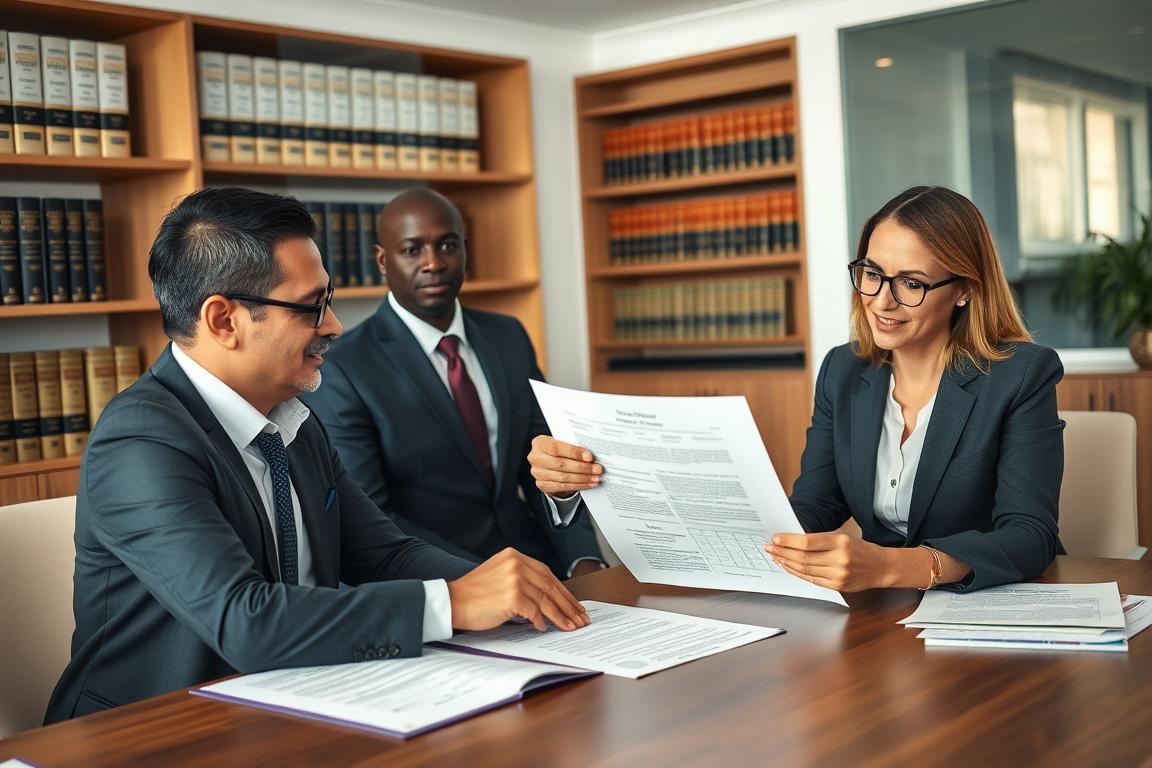 Advogados do escritório Vieira Braga analisando documentos de compra e venda de imóvel com cliente