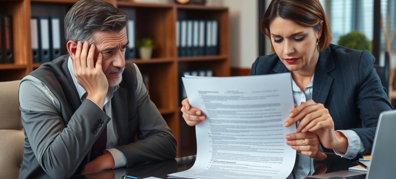 Cliente preocupado analisando contrato imobiliário com advogado para segunda opinião jurídica