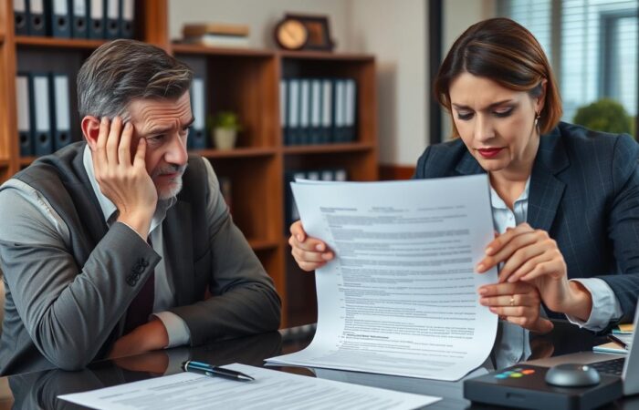 Cliente-preocupado-analisando-contrato-imobiliario-com-advogado-para-segunda-opiniao-juridica Cliente preocupado analisando contrato imobiliário com advogado para segunda opinião jurídica