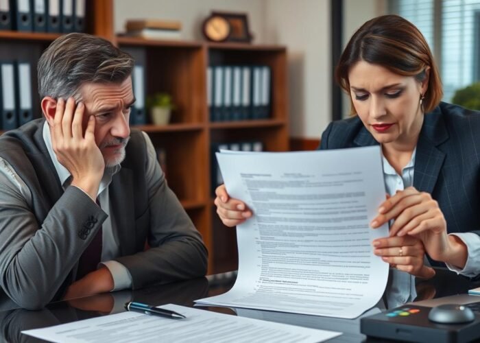 Cliente preocupado analisando contrato imobiliário com advogado para segunda opinião jurídica