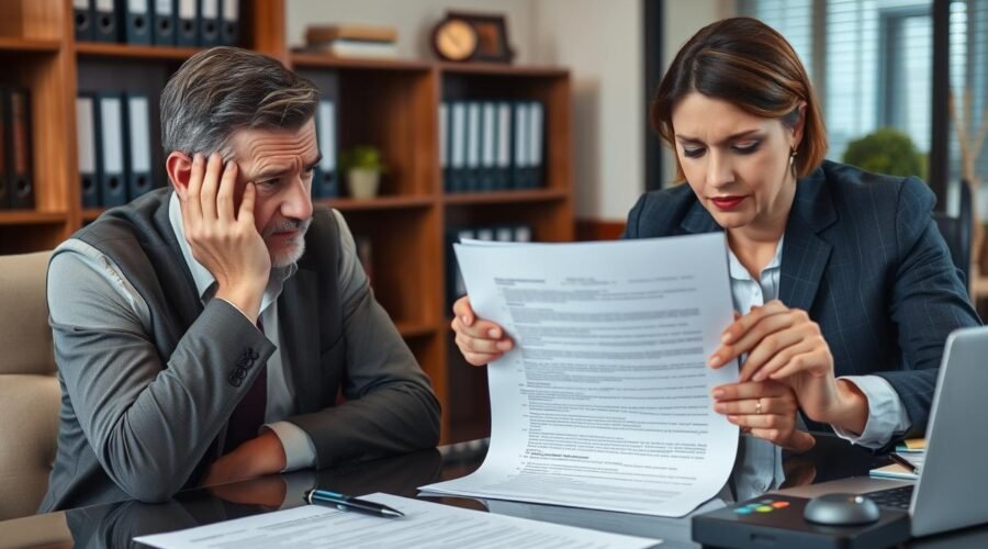 Cliente preocupado analisando contrato imobiliário com advogado para segunda opinião jurídica