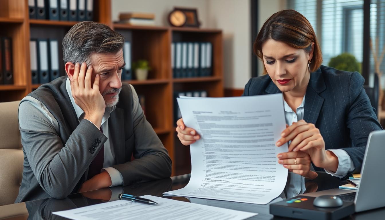 Cliente preocupado analisando contrato imobiliário com advogado para segunda opinião jurídica