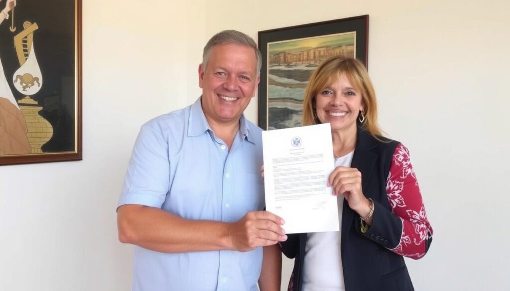 Cliente satisfeito recebendo a matrícula do imóvel registrado após leilão
