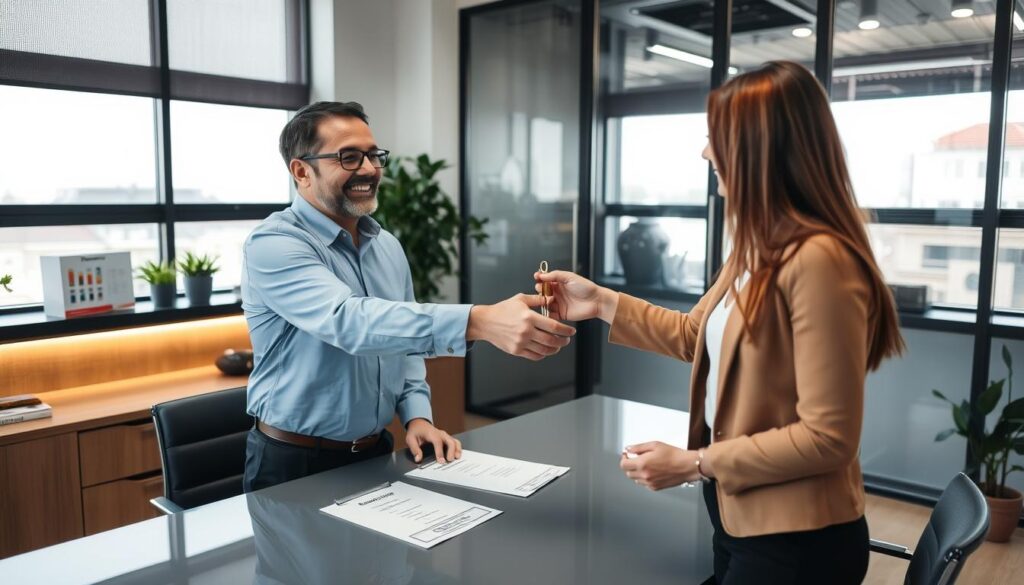 Cliente satisfeito recebendo as chaves do imóvel regularizado após adjudicação em leilão Cliente satisfeito recebendo as chaves do imóvel regularizado após adjudicação em leilão
