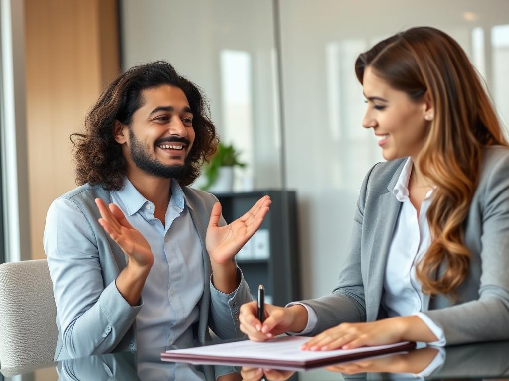 Cliente satisfeito recebendo boas notícias sobre a resolução de débitos ocultos em seu imóvel Cliente satisfeito recebendo boas notícias sobre a resolução de débitos ocultos em seu imóvel