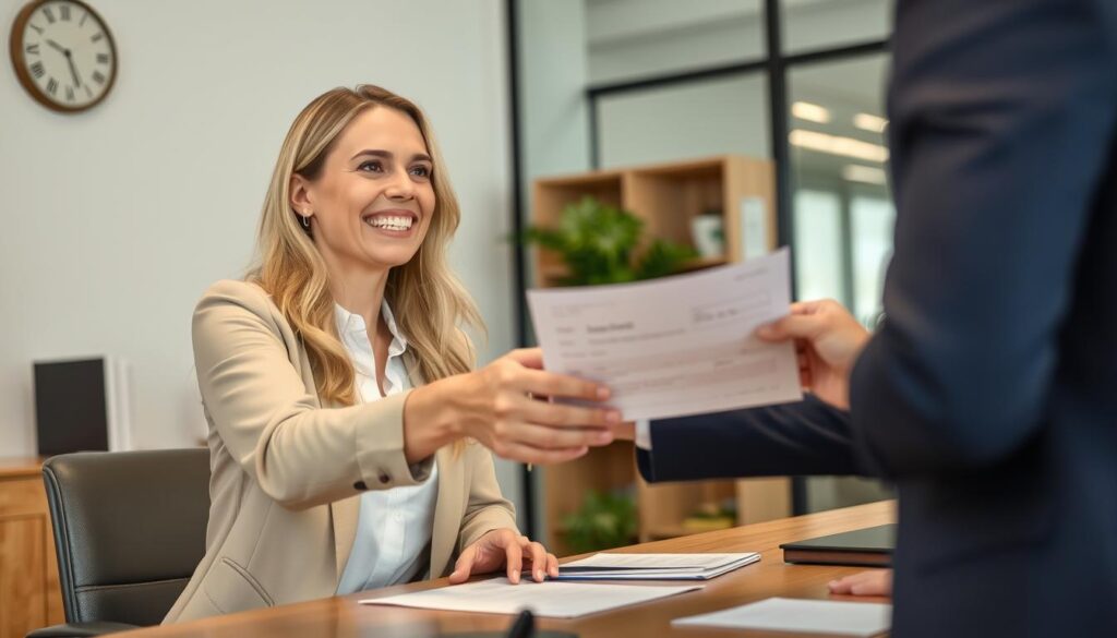 Cliente satisfeito recebendo documento de devolução do caução após assistência jurídica Cliente satisfeito recebendo documento de devolução do caução após assistência jurídica