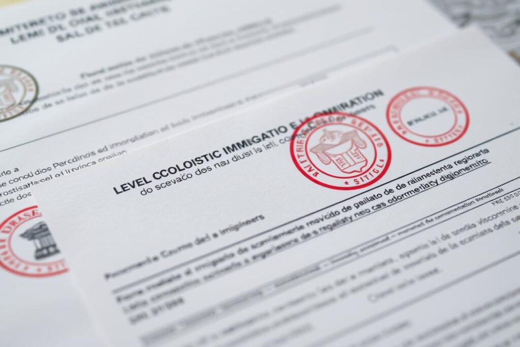 Documentos complexos de processo migratório com carimbos oficiais