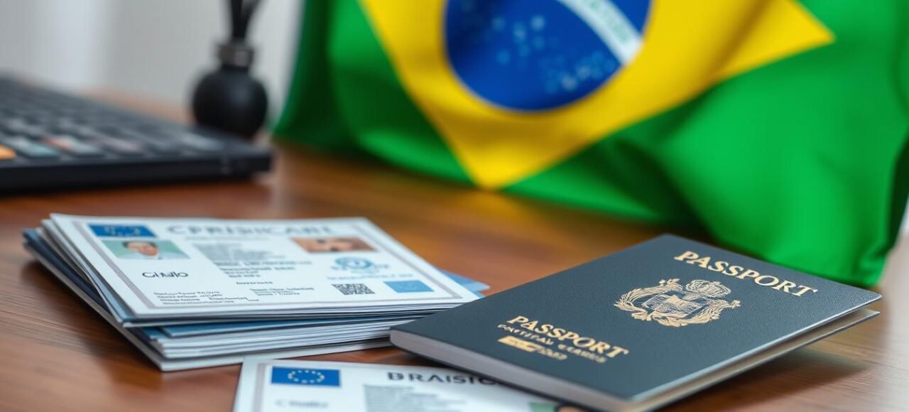 Documentos de dupla cidadania brasileira espalhados sobre uma mesa com a bandeira do Brasil ao fundo