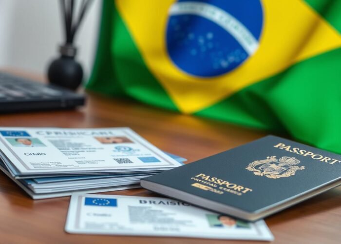 Documentos de dupla cidadania brasileira espalhados sobre uma mesa com a bandeira do Brasil ao fundo