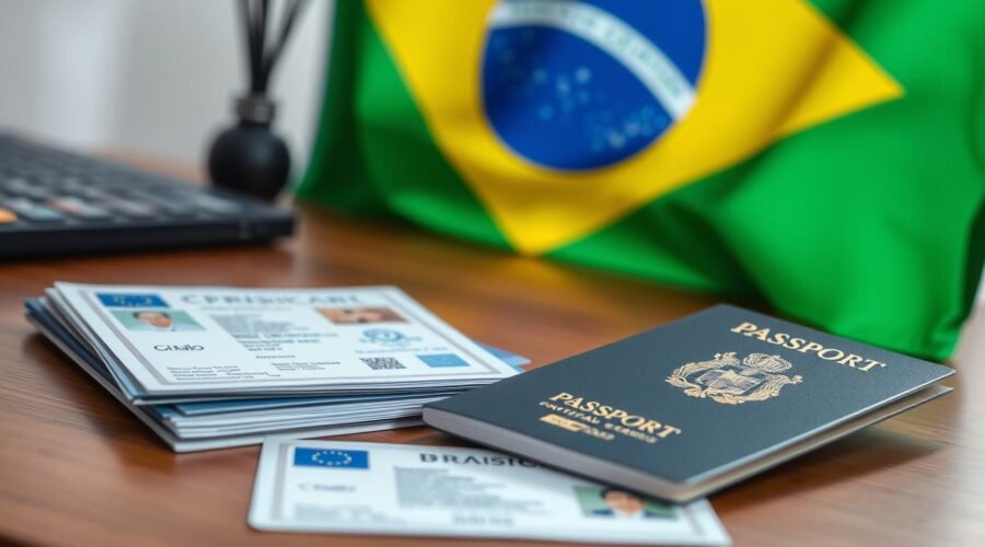 Documentos de dupla cidadania brasileira espalhados sobre uma mesa com a bandeira do Brasil ao fundo