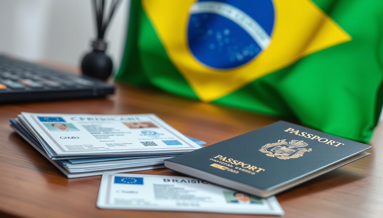 Documentos de dupla cidadania brasileira espalhados sobre uma mesa com a bandeira do Brasil ao fundo