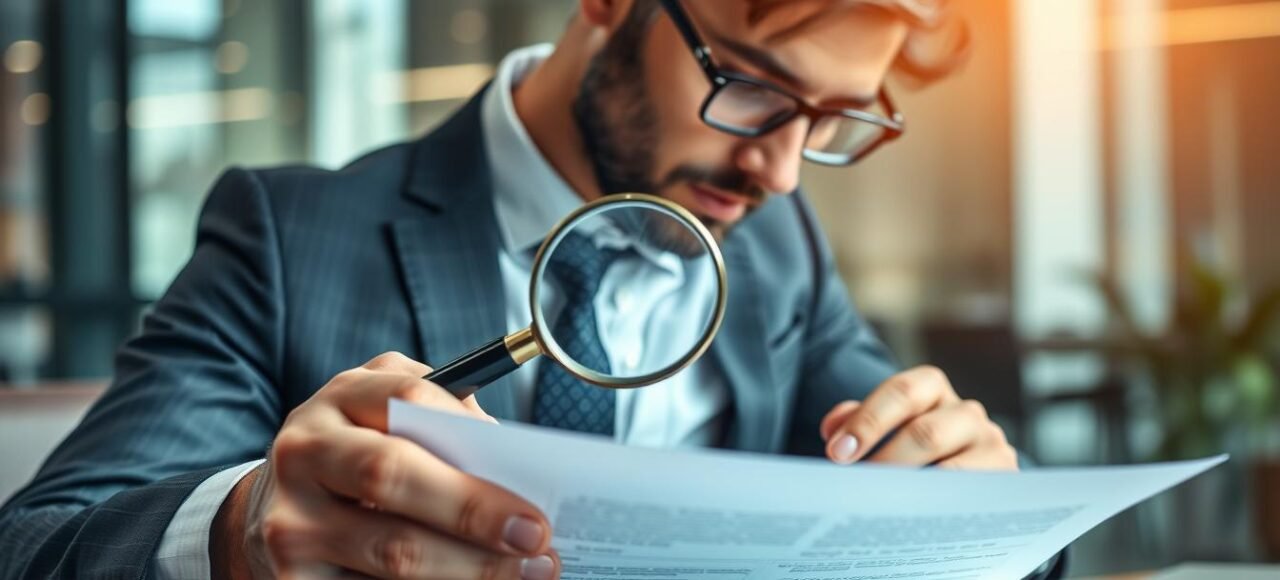 Empresário analisando contrato com lupa, representando a importância da análise jurídica completa