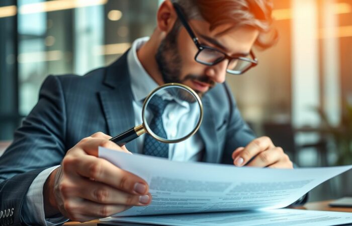 Empresário analisando contrato com lupa, representando a importância da análise jurídica completa