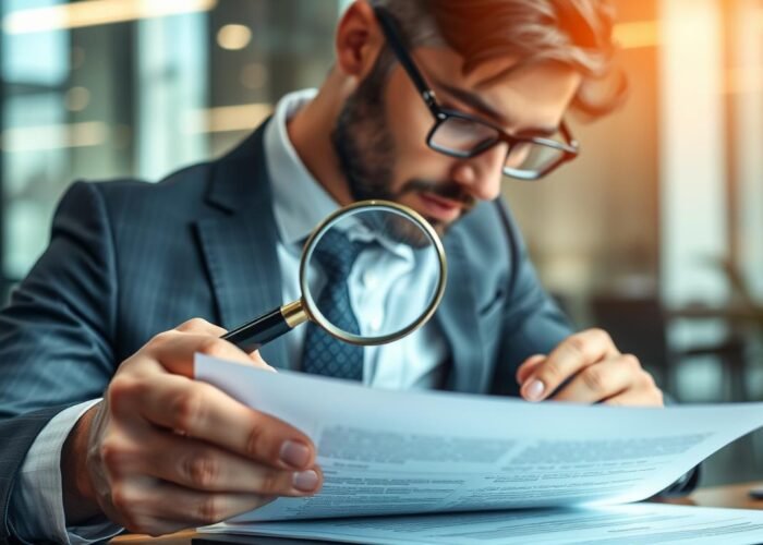 Empresário analisando contrato com lupa, representando a importância da análise jurídica completa