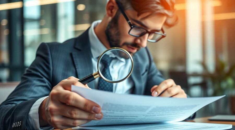 Empresário analisando contrato com lupa, representando a importância da análise jurídica completa