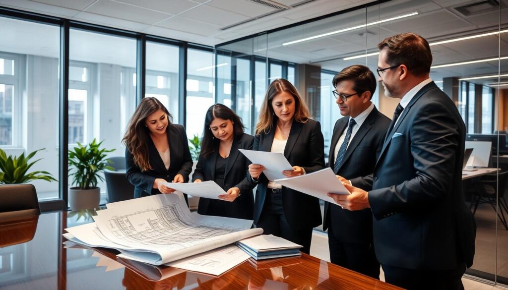 Equipe de advogados da Vieira Braga analisando caso de defeitos estruturais em imóvel Equipe de advogados da Vieira Braga analisando caso de defeitos estruturais em imóvel