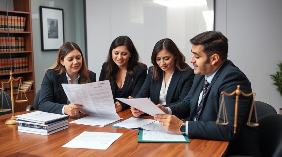 Equipe de advogados da Vieira Braga analisando caso de imóvel na planta com obra atrasada
